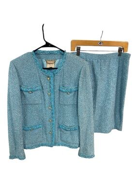 St John Couture Classic Tweed Aqua Multi Two-Piece Skirt Set Sz 14 (12) EUC